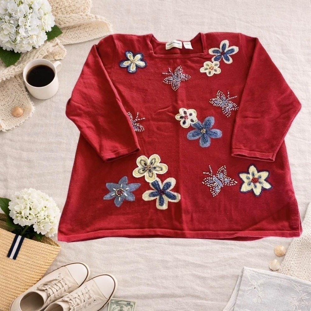 Alfred Dunner Sweater Wms 1X Red Embroidered Butterfly Floral Beaded Cottagecore